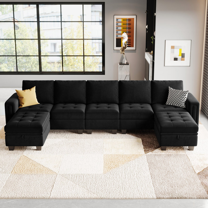 Canapé modulaire rembourré en velours de L avec coussins de rangement en forme de L 6 pièces Shavera, Velours noir