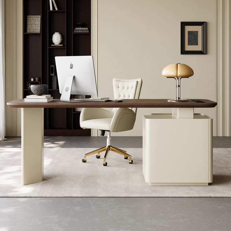 Bureau rectangulaire en bois manufacturé blanc et brun noisette, Orienté à gauche (vu de face)