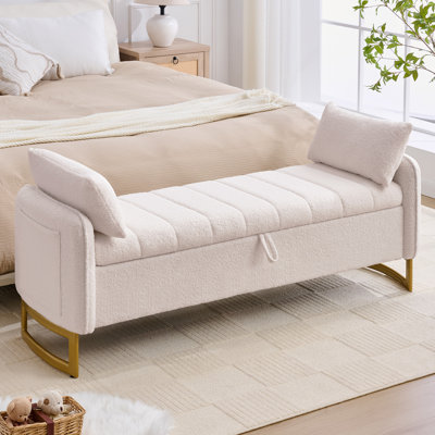 Lunara 66"W Upholstered Teddy Modern Bedroom Storage Bench End of Bed with Gold Legs,Arm Pocket and 2 Pillows
