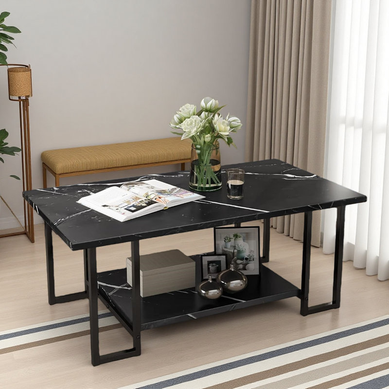Marble Coffee Table, Industrial Cocktail Tables With Black Metal Frame, 2 Tier Modern Rectangular Center Table For Living Room, Office, Balcony