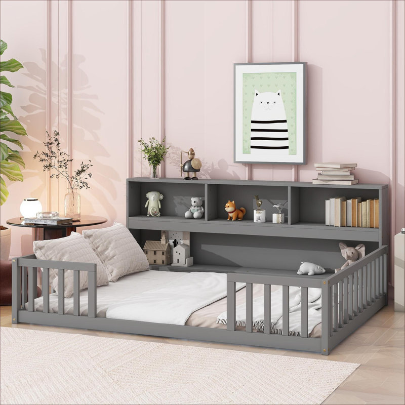 Structure de lit pleine grandeur avec rangement intégré, pin massif gris neutre pour les petits espaces de chambre à coucher