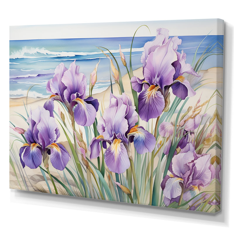 Iris mauves sur la plage sur toile, H 24 po x l 32 po x P 1 po, Toile tendue