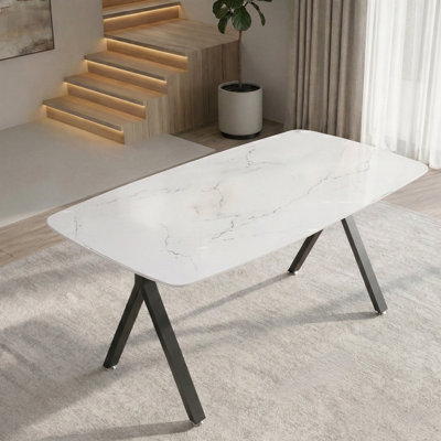 51'' Marble Design Tempered Glass Rectangular Dining Table with Metal Legs, Black