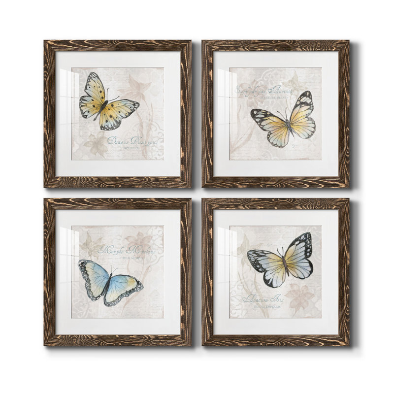 Carte postale papillon I - ensemble de 4 reproductions d'art sur toile, H 31,5 po x l 126 po x P 1,5 po, Noyer, Blanc