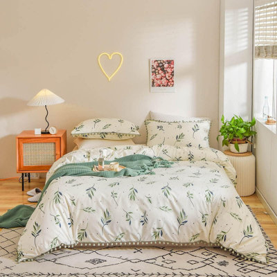 Ensemble de housse de couette Green Floral Botanical Green Pom Pom Fringe