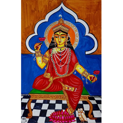 Déesse Lakshmi sur piédestal | Aquarelle sur papier | Par Soumick Das