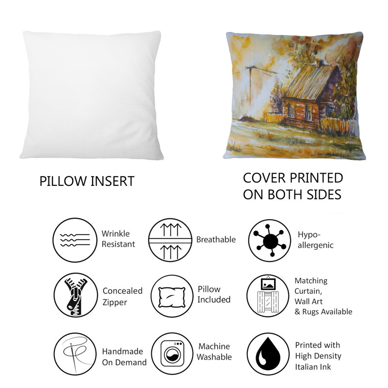 Vieux chalet parmi les arbres d'automne en bois - Coussin décoratif traditionnel imprimé 1