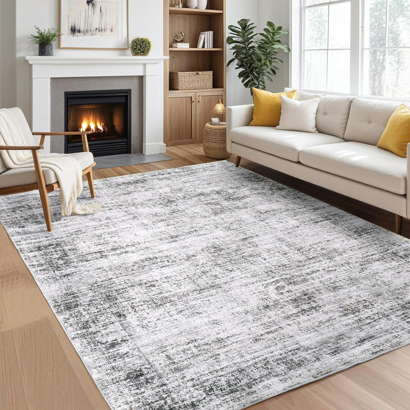 Washable Area Rug, Vintage Distressed Low Pile Non-Slip Foldable Retro Abstract Indoor Floor Carpet, Grey, 6'x9', Gray
