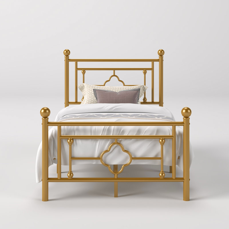 Twin Gold Metal Frame Bed with Headboard and Storage