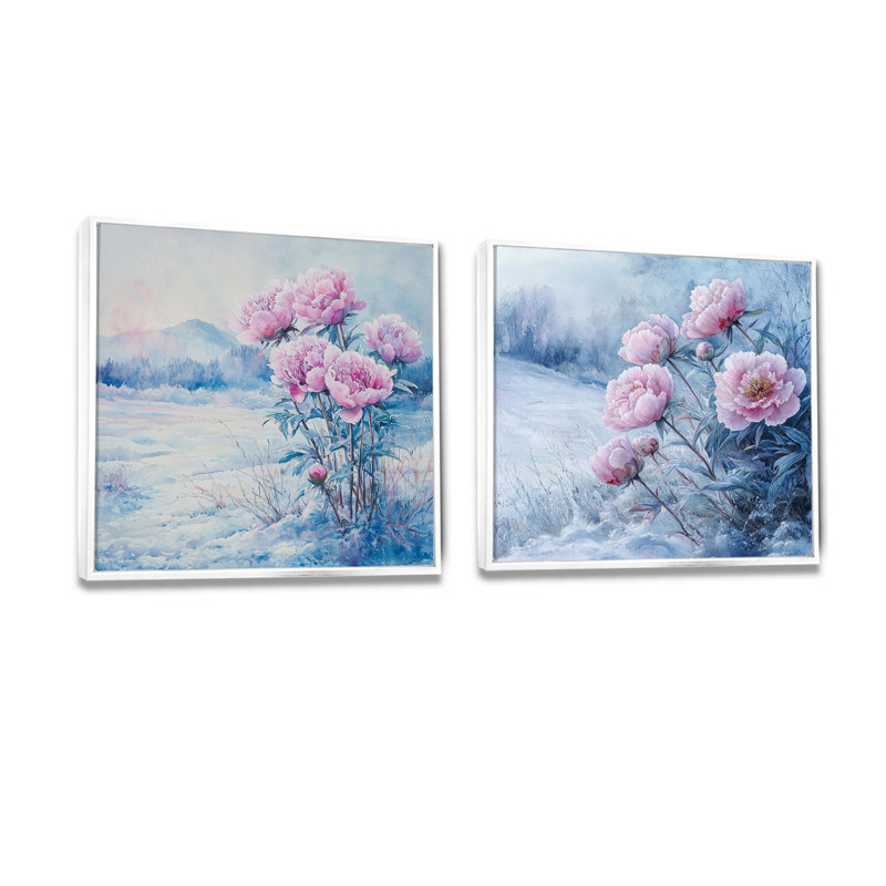 Pivoines dans le champ couvert de givre I - pivoines, art mural - ensemble de 2 décorations murales traditionnelles, Blanc