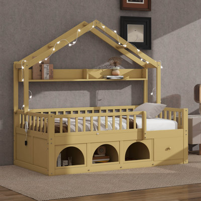 Lit maison avec toit et lumières DEL, cadre de lit en bois avec garde-corps Montessori, tiroir de rangement et casier