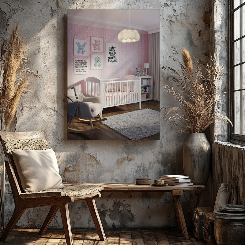 La toile crée une scène de chambre de bébé douillette et fantaisiste mettant en vedette une pièce doucement éclairée au mur avec des murs rose pastel ornés de délicates impressions sur toile