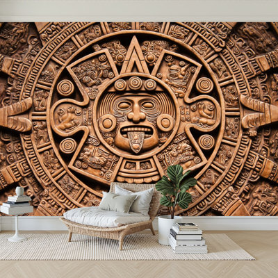 Peel and Stick Wallpaper 96" x 69" Modern Self Adhesive Wall Mural for Bedroom Aztec calendar Stone Sun