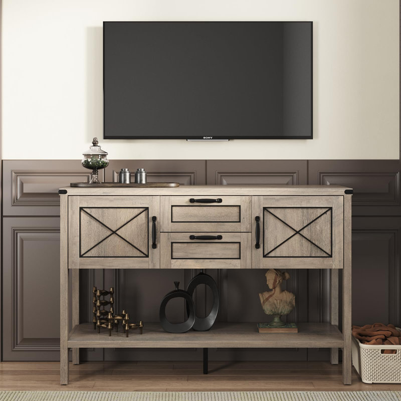 Console Table With Storage Drawers And Bottom Shelf, Greige