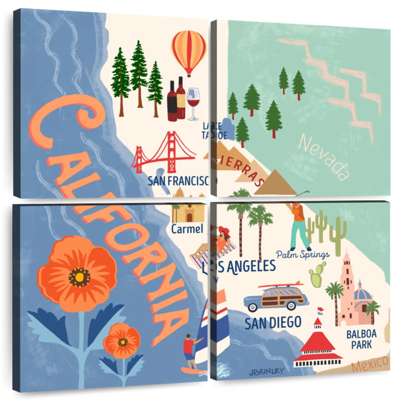 Cartes de l'État d'Aliaz - Attraits de la Californie, H 26 po x l 26 po