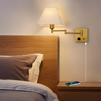 Modern Swing Arm Wall Sconce With Dimmable Switch, USB Port, And Plug-In Or Hardwire Installation For Bedroom, Living Room, And Hotel