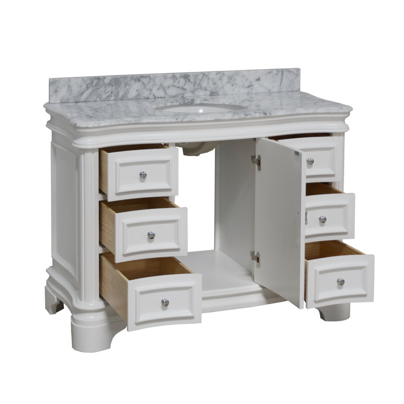 Ensemble de meuble-lavabo simple 48 po avec armoire blanche et comptoir en marbre de Carrare Twain, Blanc, Marbre de Carrare
