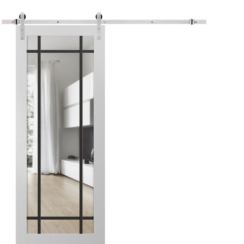 Porte de grange robuste en verre trempé transparent | Lucia 2266 | Ensemble de quincaillerie lourde pour cintres 6,6 pi noir | Portes intérieures modernes à panneau massif - verre transparent - rail noir