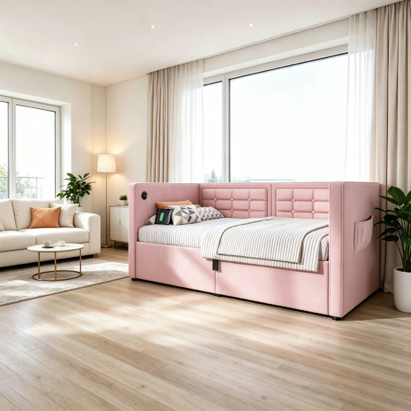 Lit de jour rembourré avec ports et poches USB, Rose