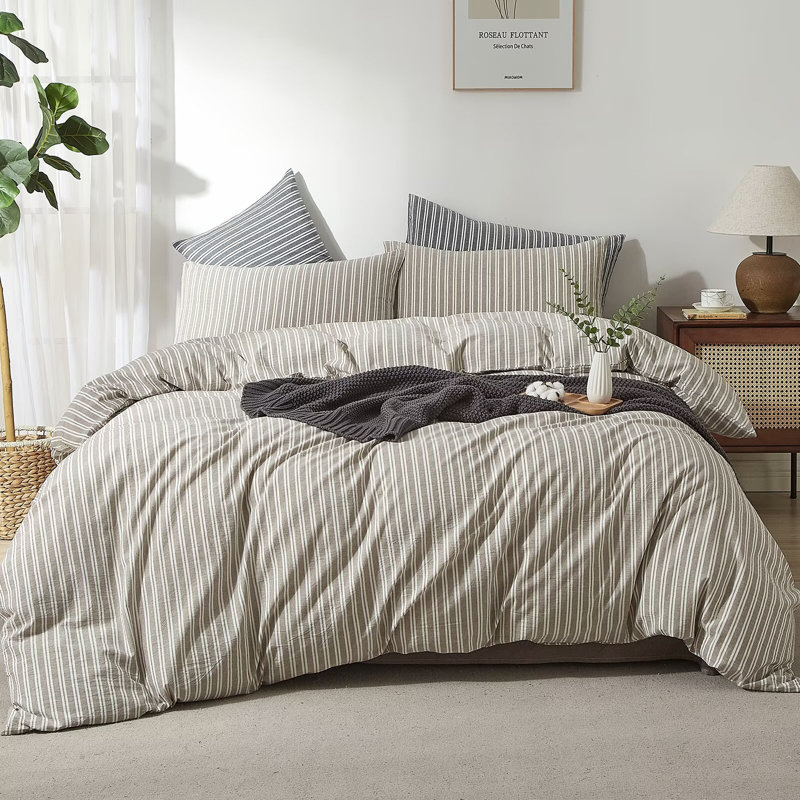 Ensemble de housse de couette à rayures XINMIANFANG, Beige café / blanc, Housse de couette pour très grand lit et 2 taies 