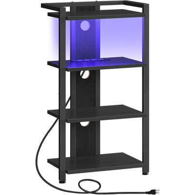 4-tier Av Media Console With Charging Station And Led Light, Wooden Stereo Cabinet, Corner Tv Stand, Record Player, Entertainment Device, Black