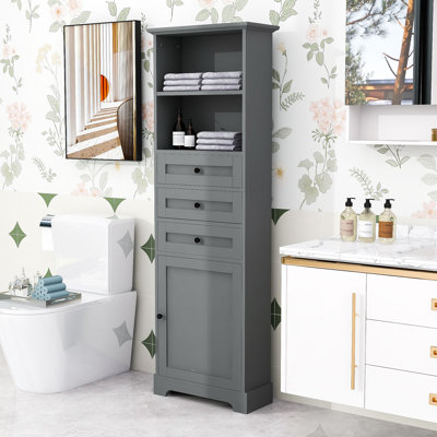 Tall Storage Cabinet with 3 Drawers and Adjustable Shelves for Bathroom