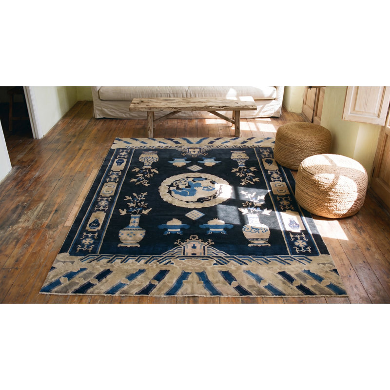 Navy Blue Antique Foo Dog Pattern Hand Knotted Chinese Wool Pile Rug