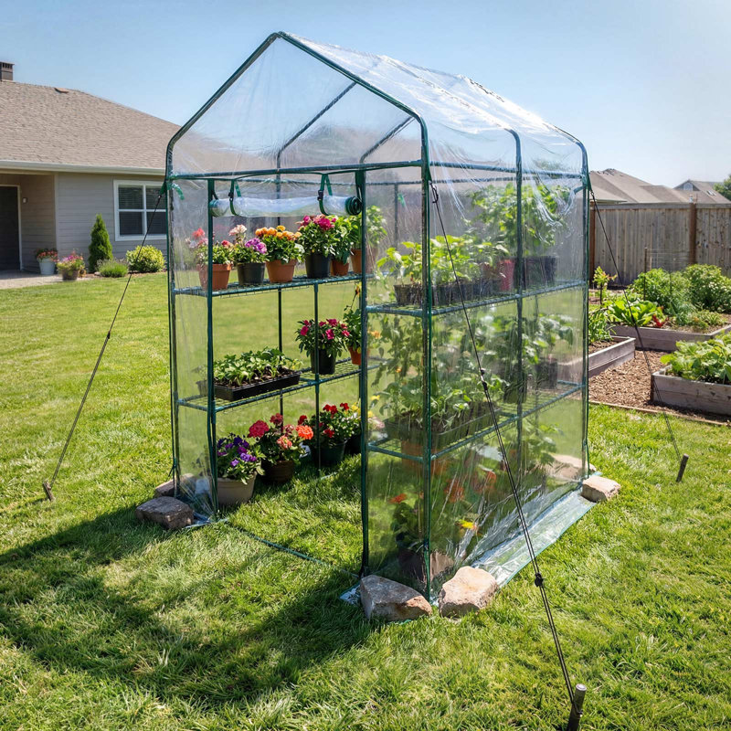 Walk-in Green House, 54 x 54 x 77.2 in, Greenhouse with Shelves, High Strength PE Cover with Zipper Door and Steel Frame, Assembly in Minutes, Suitable for Planting and Storage