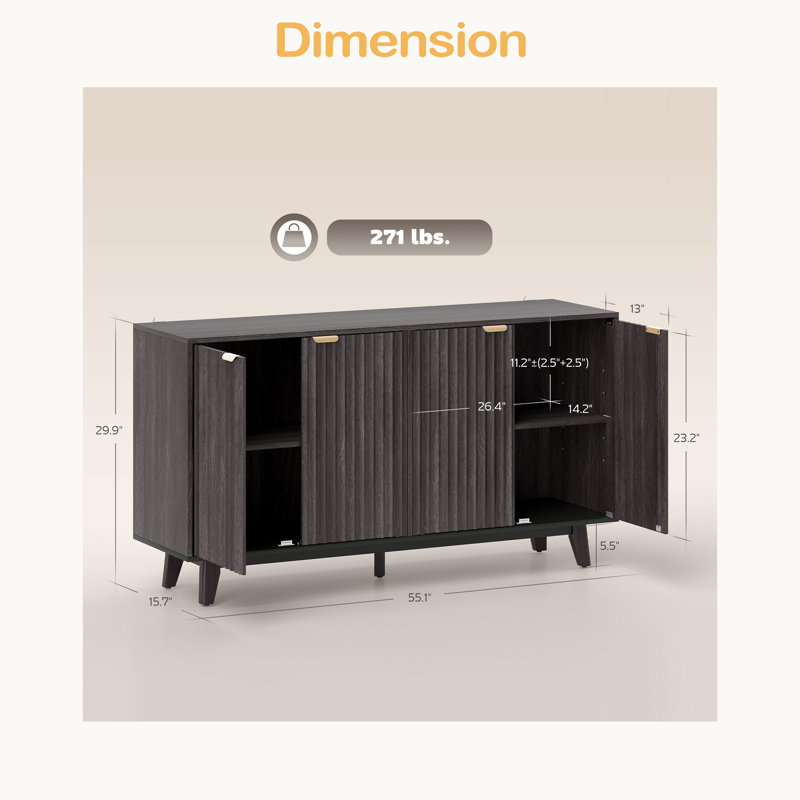 Commode pratique, armoire à buffet cannelée, avec portes, tablettes réglables, pieds en bois, Gris foncé