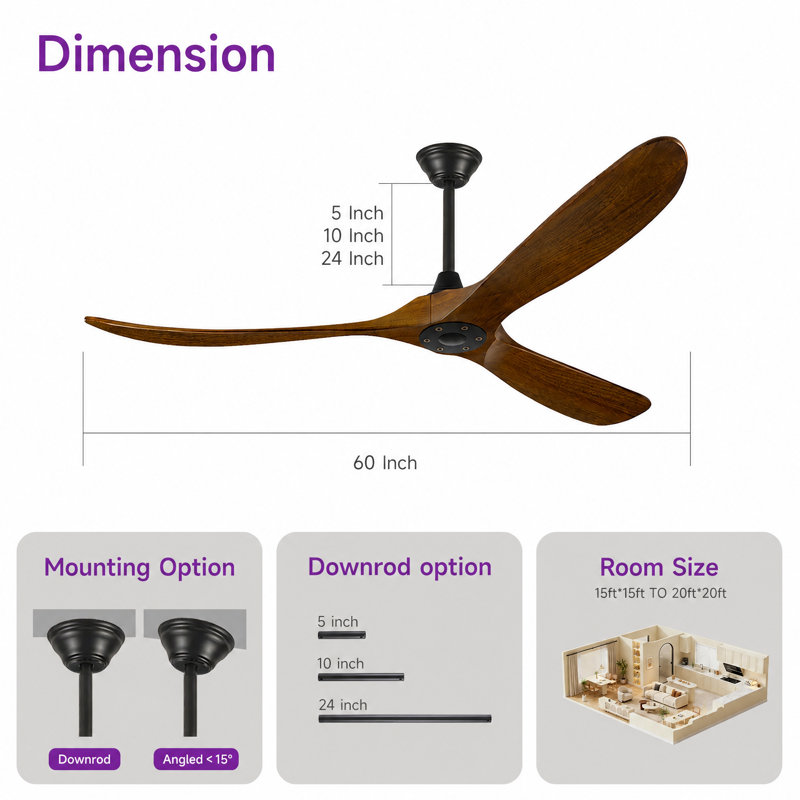 Ceiling Fans Without Lights, Ceiling Fan No Light, High Cfm Quiet 3 Blade Solid Wood Ceiling Fan, Large Modern Ceiling Fan With Remote, Propeller Outdoor Ceiling Fans For Patios