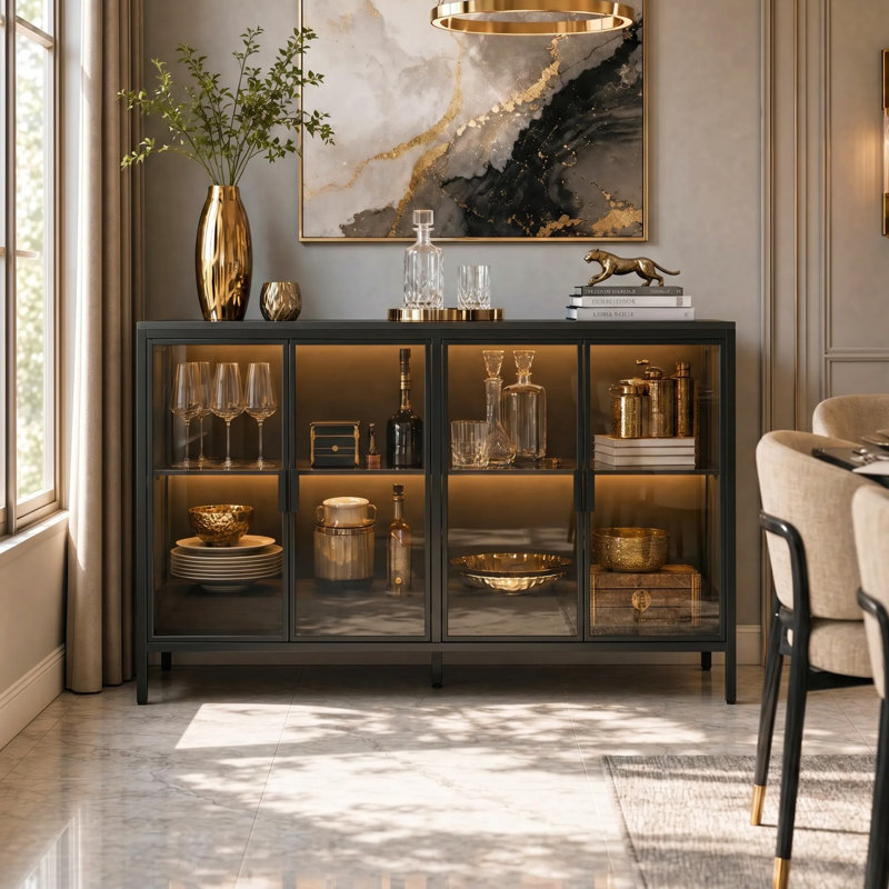 55.1" W 4-Door Glass Display Sideboard with 3-Color LED Lights & Tempered Glass, Black