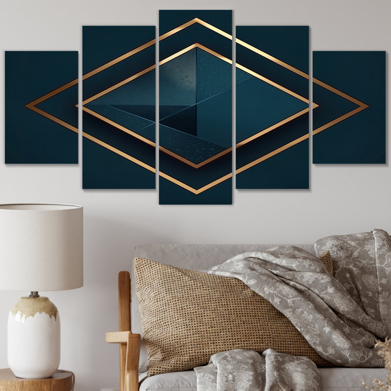 Géométrie rétro en bleu et or - reproduction sur toile géométrique moderne - 5 panneaux