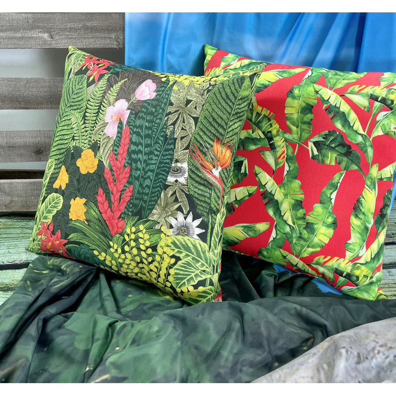 Vibrant Floral Green and Red Square Outdoor Pillow
