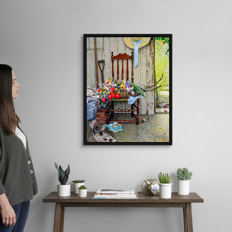 "Norman Rockwell Spring Flowers", art mural sur toile, Cadre flottant noir, H 32 po x l 26 po x P 1,75 po