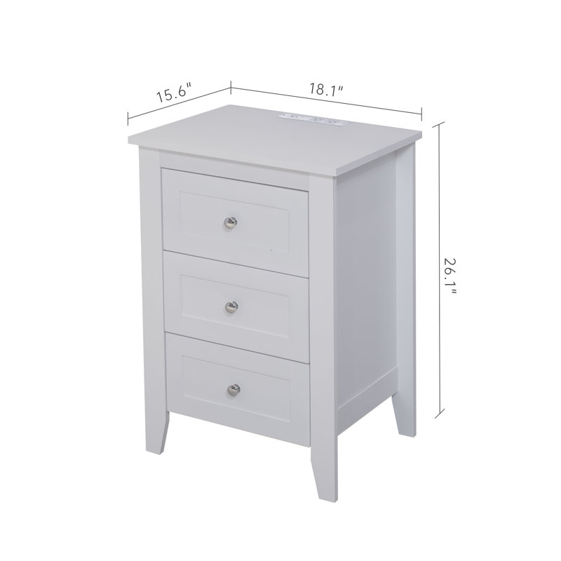 Table de chevet de chambre à coucher avec fonction de charge - côté moderne blanc à 3 tiroirs
