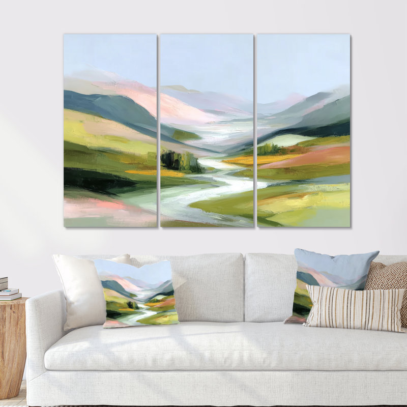 Ensemble de salon d'art mural vert et rose, 28" H x 36" W, Toile tendue, Ne s’applique pas