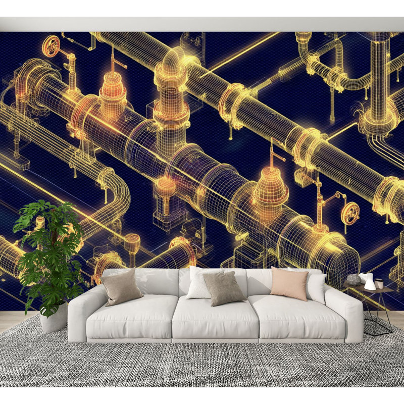 Papier peint adhésif à motif de tuyaux industriels isométriques 3D à bords néon et détails muraux en profondeur H 100 po x l 144 po, papier peint amovible en PVC, autocollant pour chambre à coucher, bureau à domicile