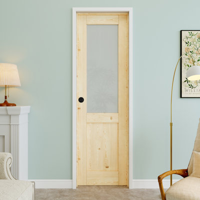 Porte intérieure pré-suspendue en bois de pin et verre givré 24 po x 80 po avec bouton rond et charnières argentées, dalle de porte d'intimité en verre, peint et imperméable, combinaison pour la lessive, portes de placard, portes de pièce, droite