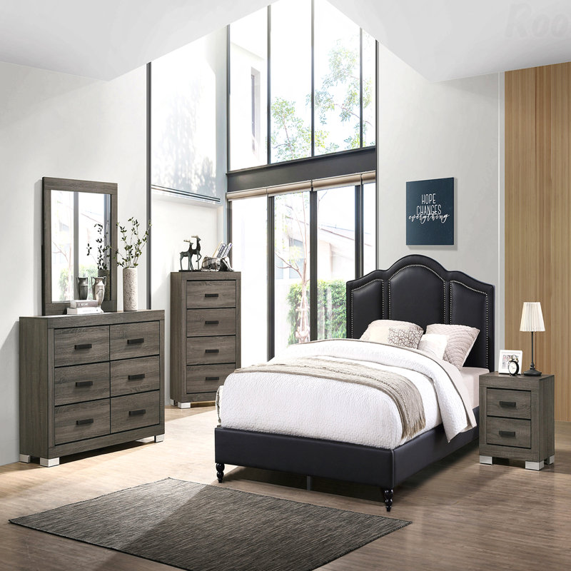 Table de chevet 2 tiroirs en bois avec poignées noires, Gris