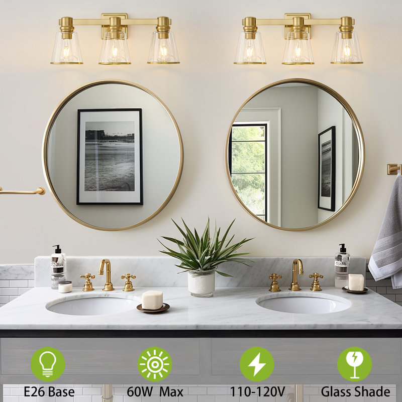 Luminaire de meuble-lavabo moderne à intensité variable Milasia avec abat-jour en verre transparent conique, Doré, 3