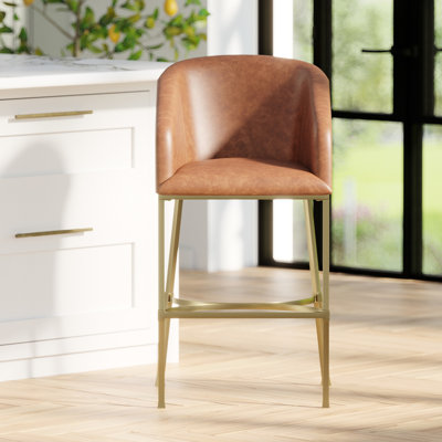 Tabouret de bar 31 po en similicuir brun tabac avec structure en acier doré, design élégant rembourré, 26 ou 31 sièges de hauteur, courbé pour le confort, îlot polyvalent moderne et deux hauteurs disponibles, intégré