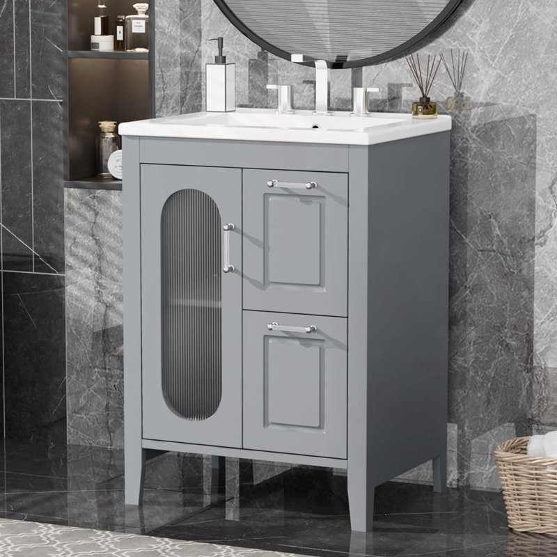 Meuble-lavabo avec lavabo en céramique, deux tiroirs et porte, Gris