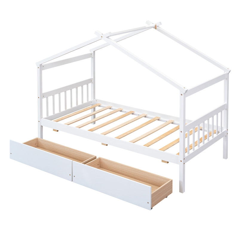Lit simple en bois avec tiroirs, Blanc