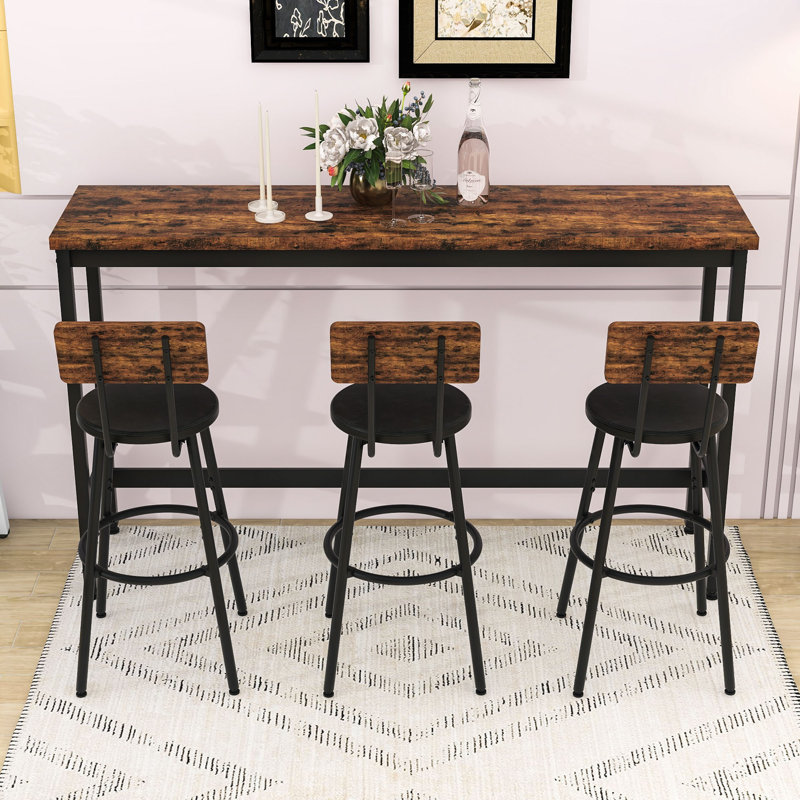 4-Piece Dining Table Set, Industrial Rectangular Table with Upholstered Chairs and Adjustable Foot Pad, Black/Brown