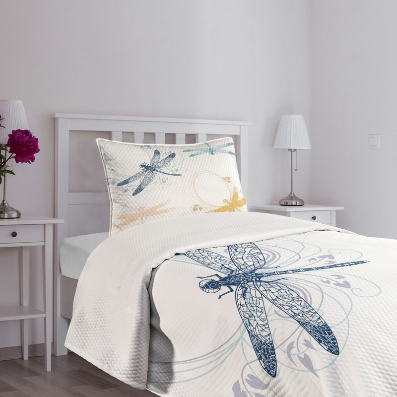 Ambesonne Dragonfly Bedspread Set Floral Spring Season Multicolor, Twin Bedspread + 1 Standard Sham