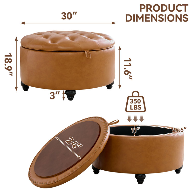 Repose-pieds capitonné rond avec rangement de 30 po de largeur, Similicuir brun