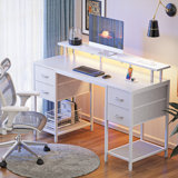 Neesha Desk with LED Lights, Computer Desk with Storage, Corner Desk with Drawers, Home Office Desk with Shelves, Writing Desk with 4 File Drawers, Gaming Desk with Power Outlets, Study Desk