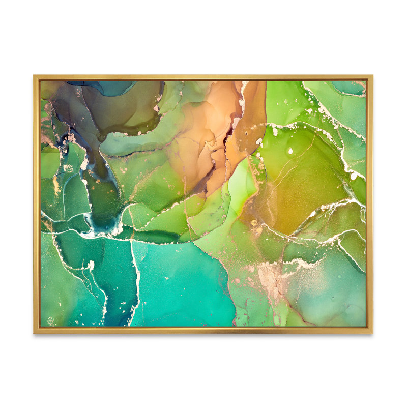 Marbre abstrait vert et turquoise - reproduction sur toile, Cadre flottant doré, H 34 po x l 44 po