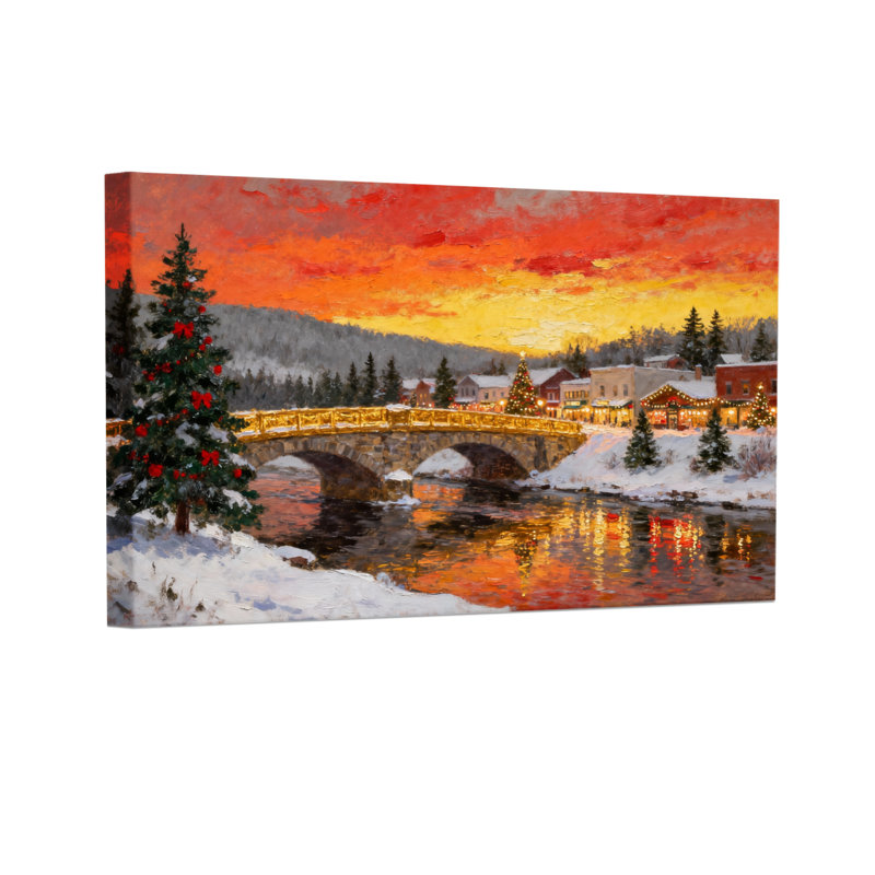 «Christmas Winter Sunset Village Bridge», ensemble de 3 impressions d'art sur toile, H 16 po x l 24 po