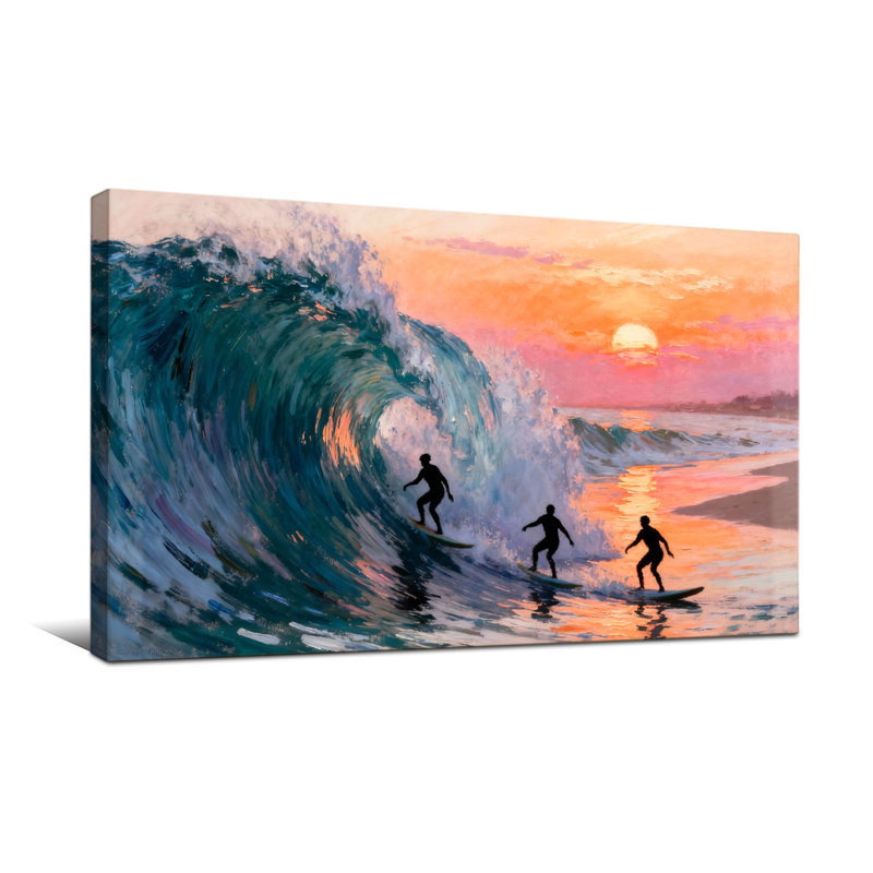 Nautiques et surfeurs surfant sur une vague à Sunset Beach, H 28 po x l 58 po